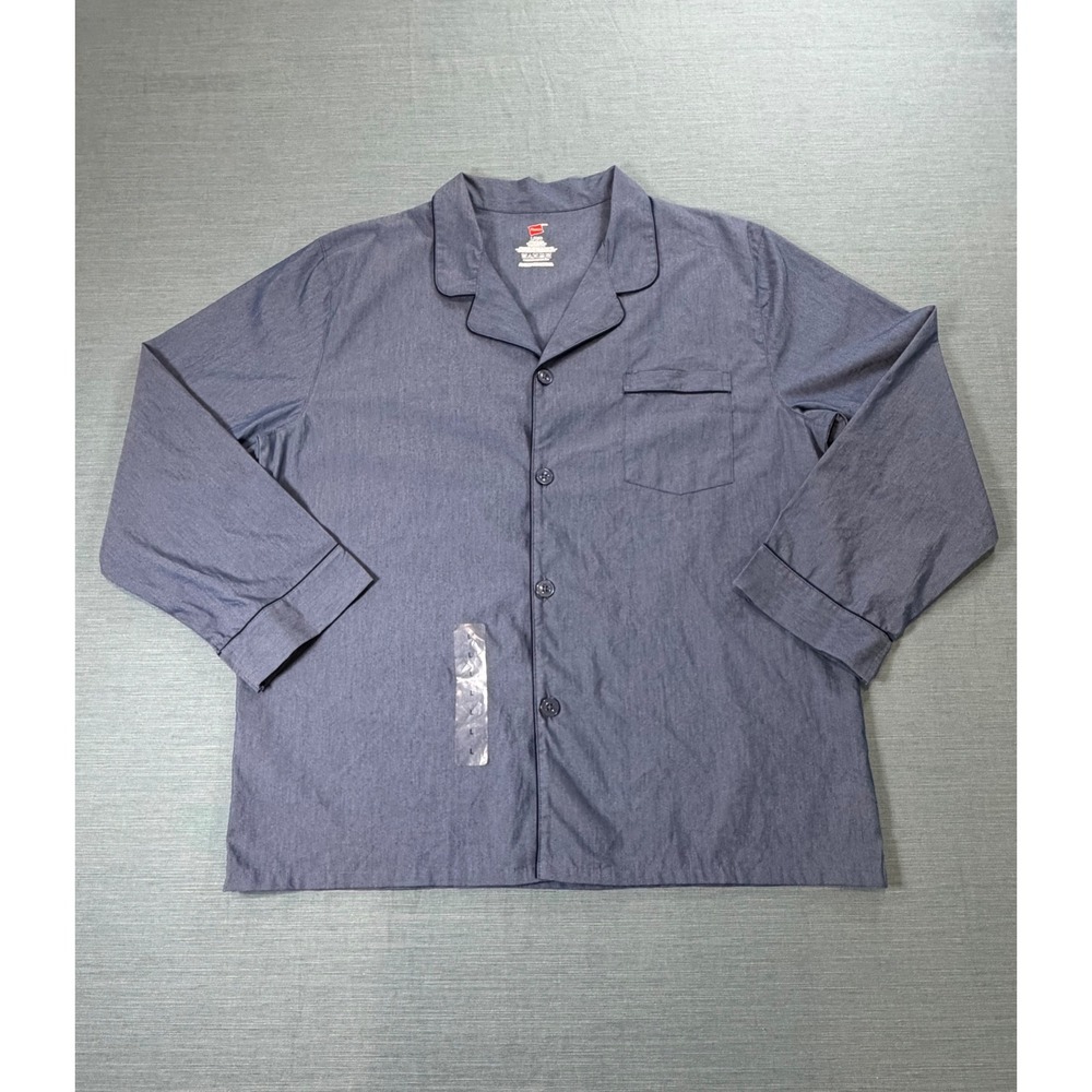 Hanes Mens Blue Chambray Button Down Pajama Top Sleep Shirt Size Large L